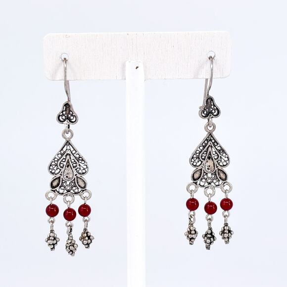 Vintage Sterling Silver 925 Carnelian Dangle Earrings | Boho Chandelier - Picture 2 of 8